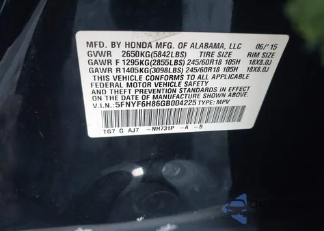 2016 Honda Pilot Ex-L from USA, damaged, VIN 5FNYF6H86GB004225